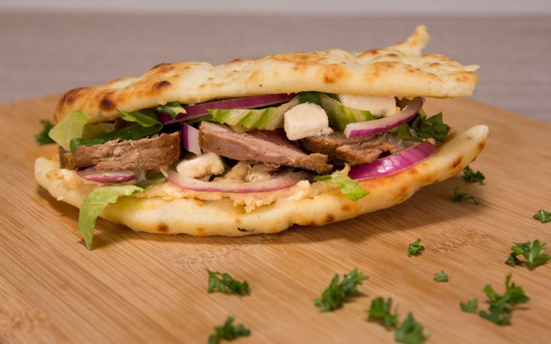 Grilled Steak & Hummus Flatbread Sandwich Trazza Fine Lebanese Foods